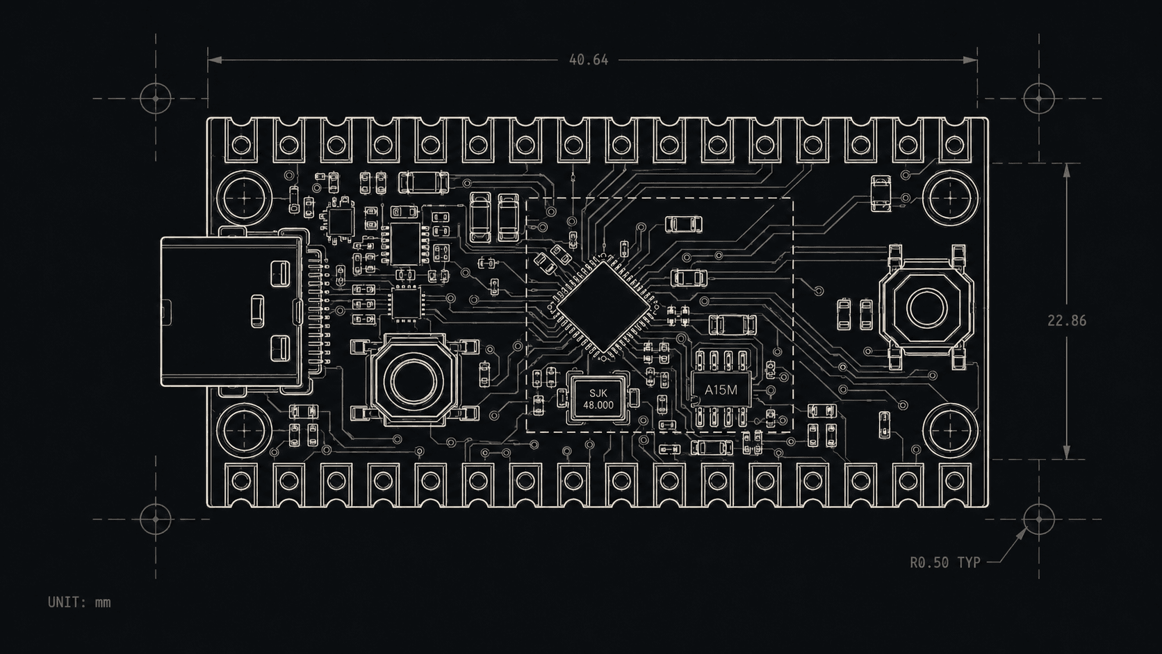 Dimensioned plan drawing of the Ledgerless carrier board, 40.64 by 22.86 mm, with the secure element at centre.