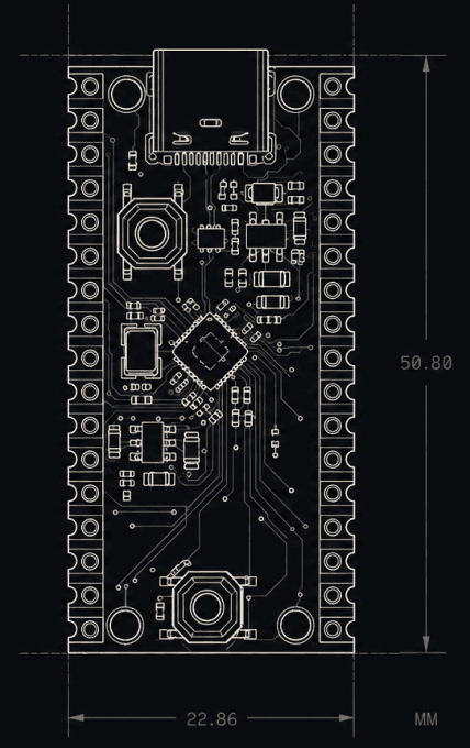 Technical drawing of the holo development board, 50.80 mm by 22.86 mm