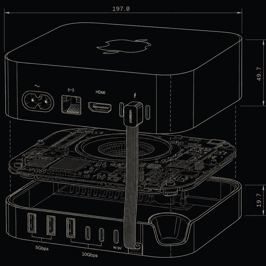 Exploded plan view of a compact desktop compute node, 197 mm wide, showing chassis, logic board and I/O tray.