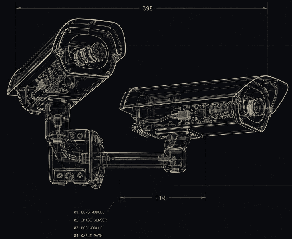 Dimensioned plan view of two fixed security cameras, 398 by 210 mm, with lens module, image sensor, PCB module and cable path called out.